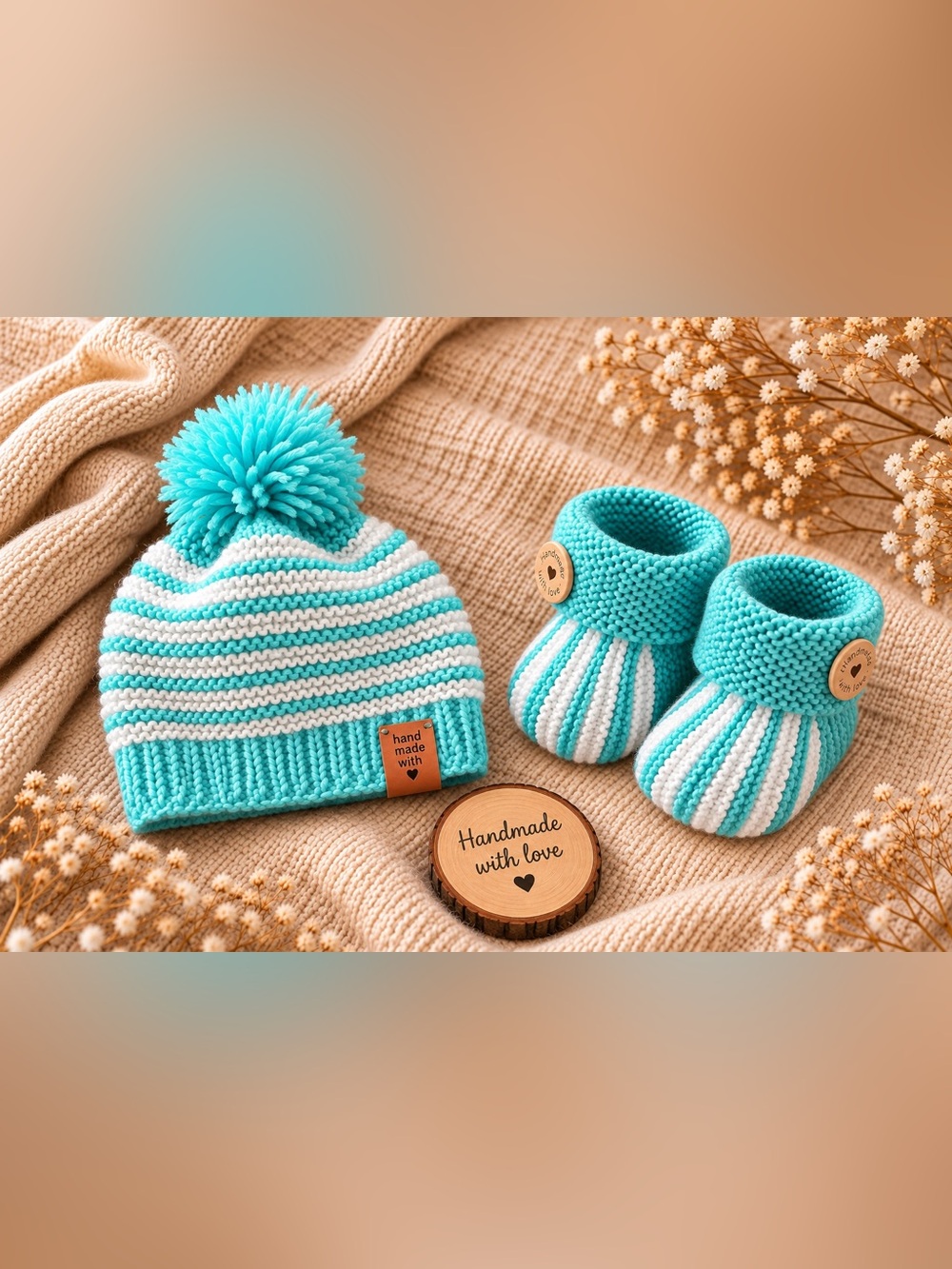 Handmade Baby Pom Beanie & Booties Set - Turquoise & White